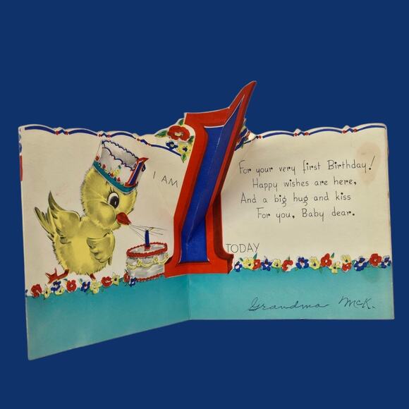 1942 Pop Up 1 year-old Birthday Hat Chick Duck Vintage Rust Craft Die-Cut Card - Picture 4 of 11